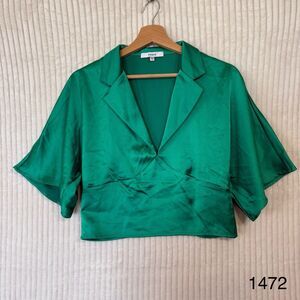 RO & DE Green Satin Collared Quarter Sleeve Blouse Shirt Top Size Small